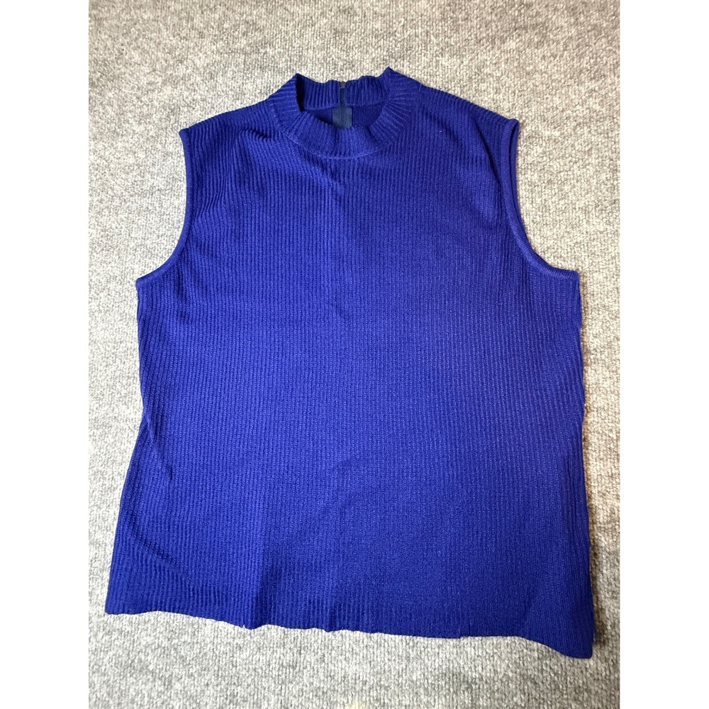St John Royal Blue Ribbed Mock Neck Sleeveless Knit Top Back Zip Size S